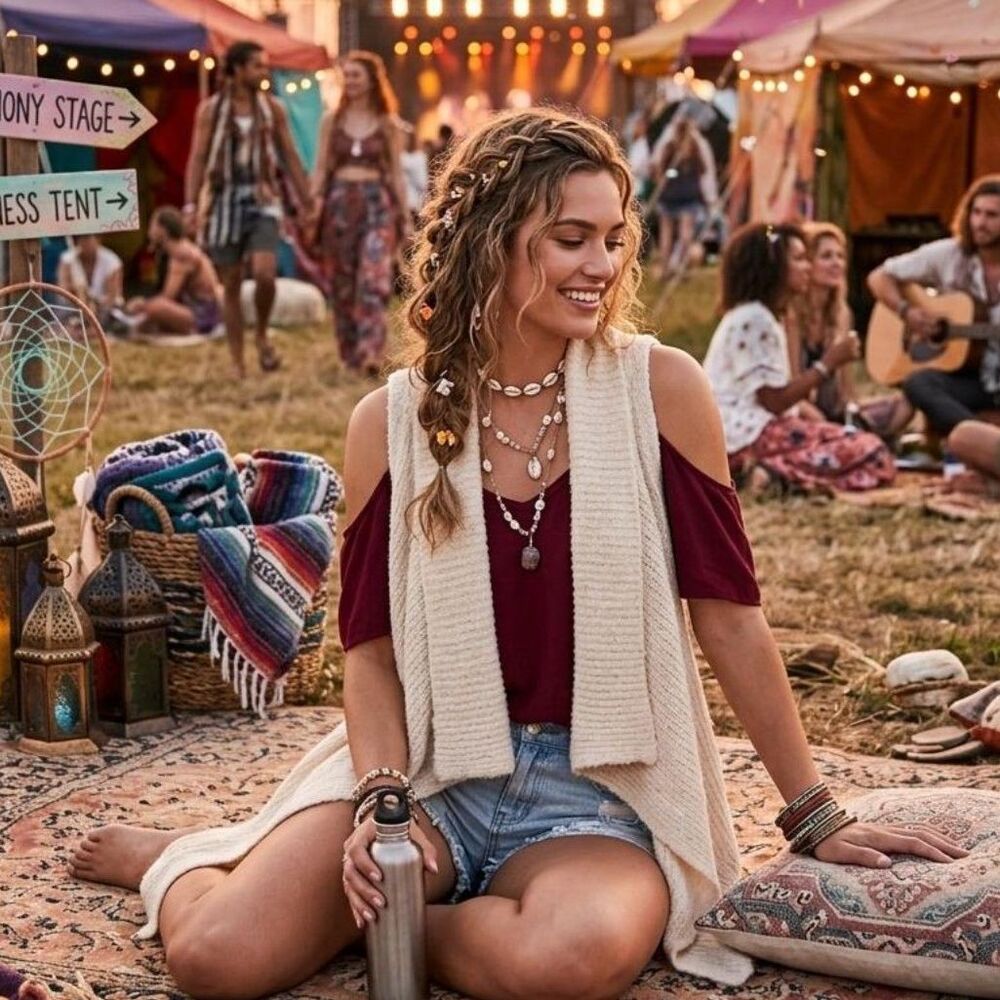 Boho Festival Waterfall Cardigan Knit Cold Shoulder Vest S/M Festival Layering